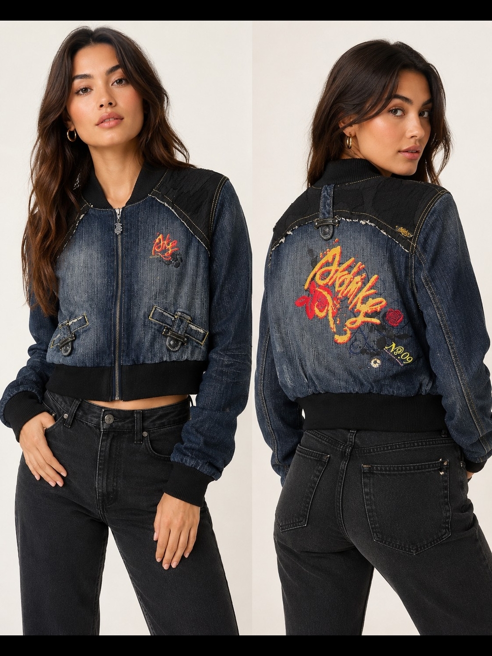 Akademiks Y2K Cropped Denim Bomber Jacket Printed Graffiti Graphic Zip Up NWT